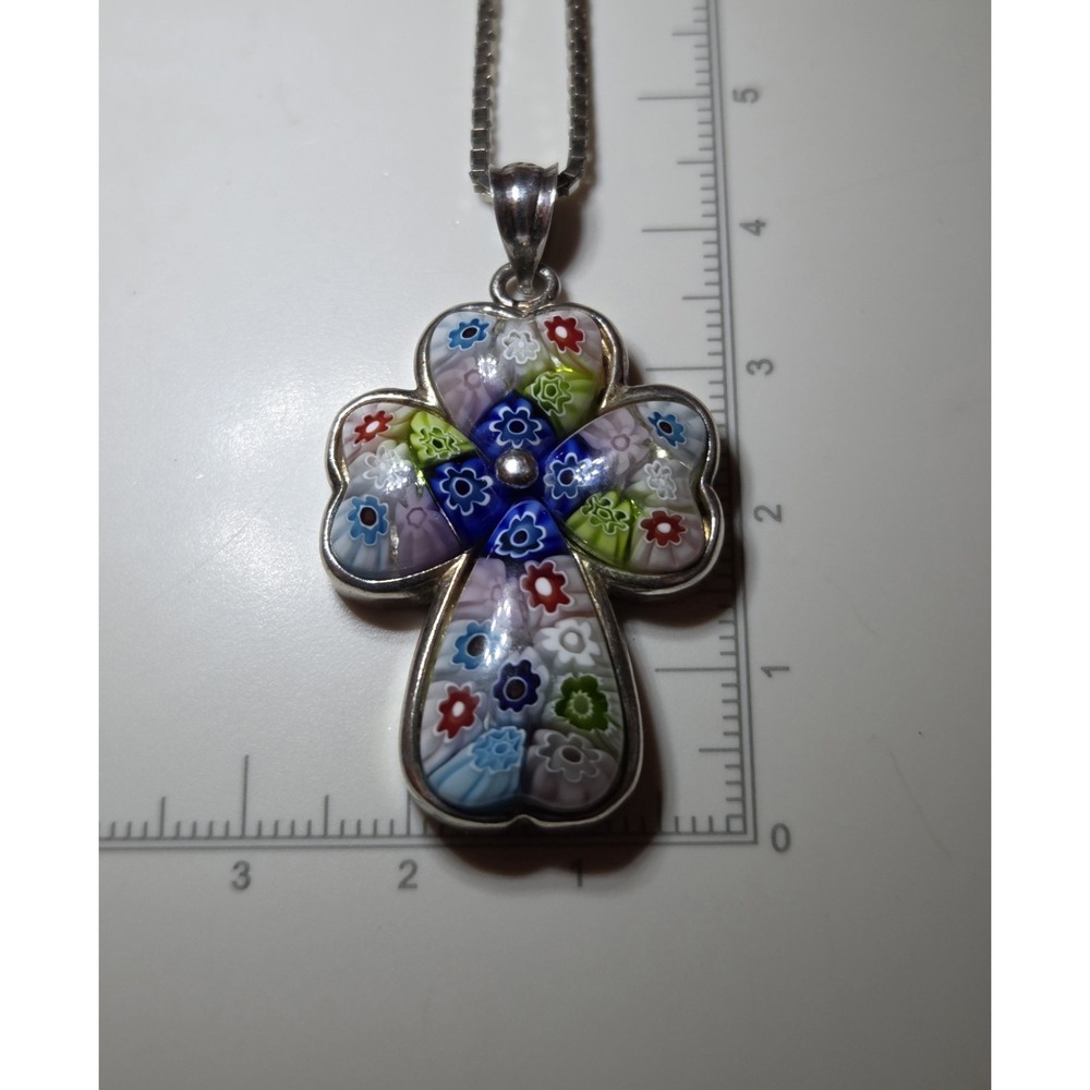 Vintage Millefiori Sterling Silver Cross Pendant 20" Sterling Box Chain Murano - Picture 5 of 7
